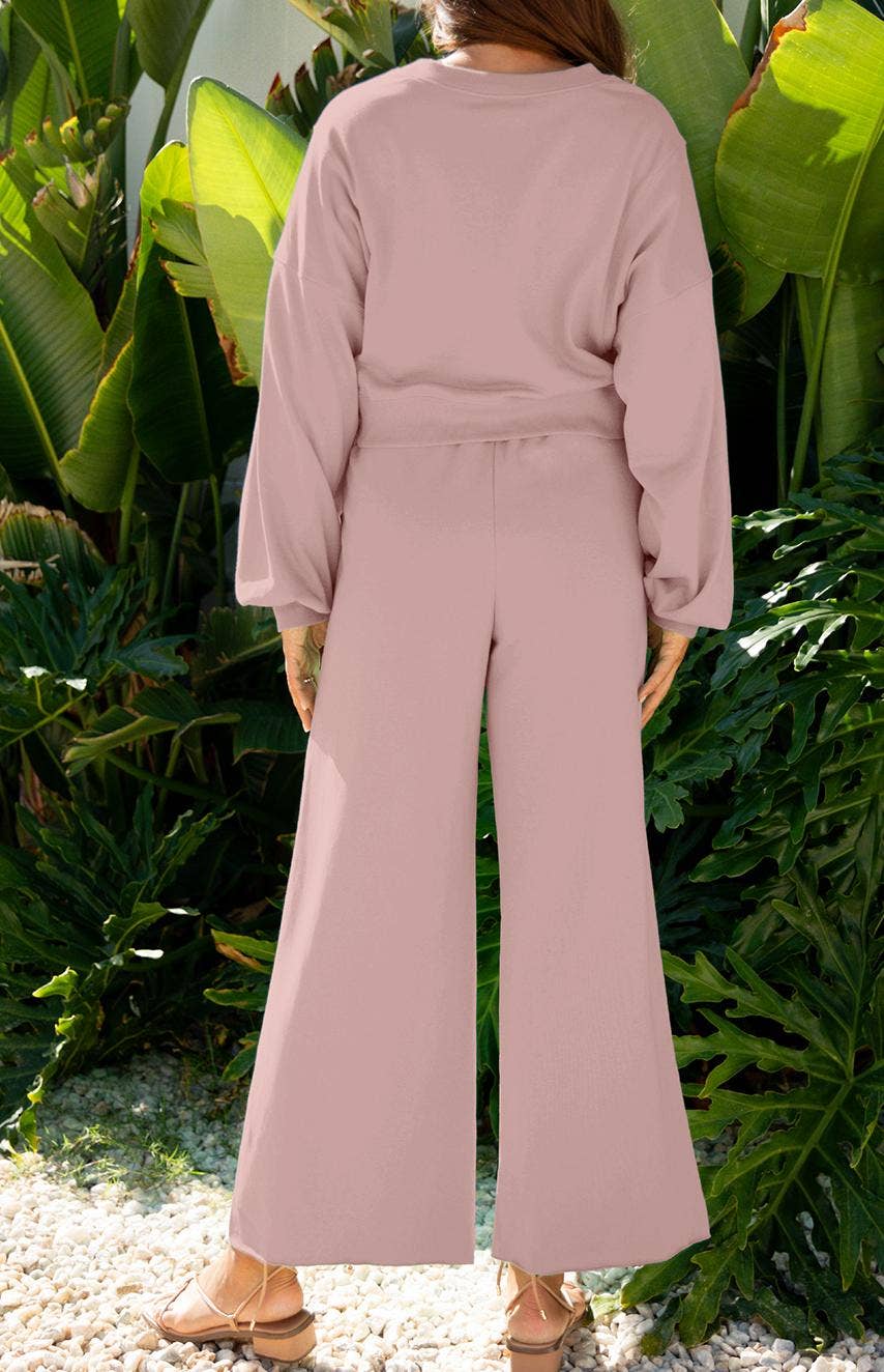 FULL TIME PURCHASE - Wholesale Top & Pant Set (NOT Loungewear) - Women's - Drop Shoulder Sleeve Pullover Drawstring Wide Leg Pants Set10