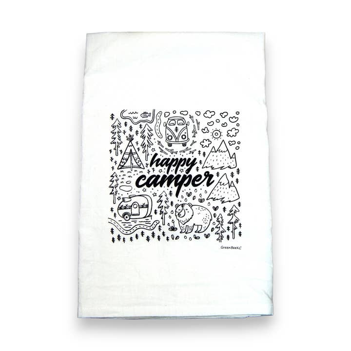 Black Happy Camper Kitchen Towel | Tea Towels | Camping Dish Towel for wholesale on Faire