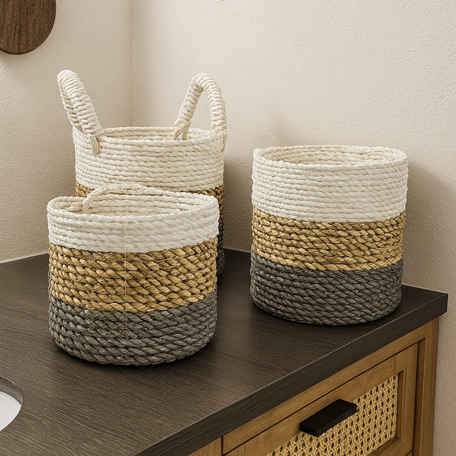 Etnico del Mondo - Wholesale Basket - Set of 3 Handwoven Algae Baskets with Handle #11