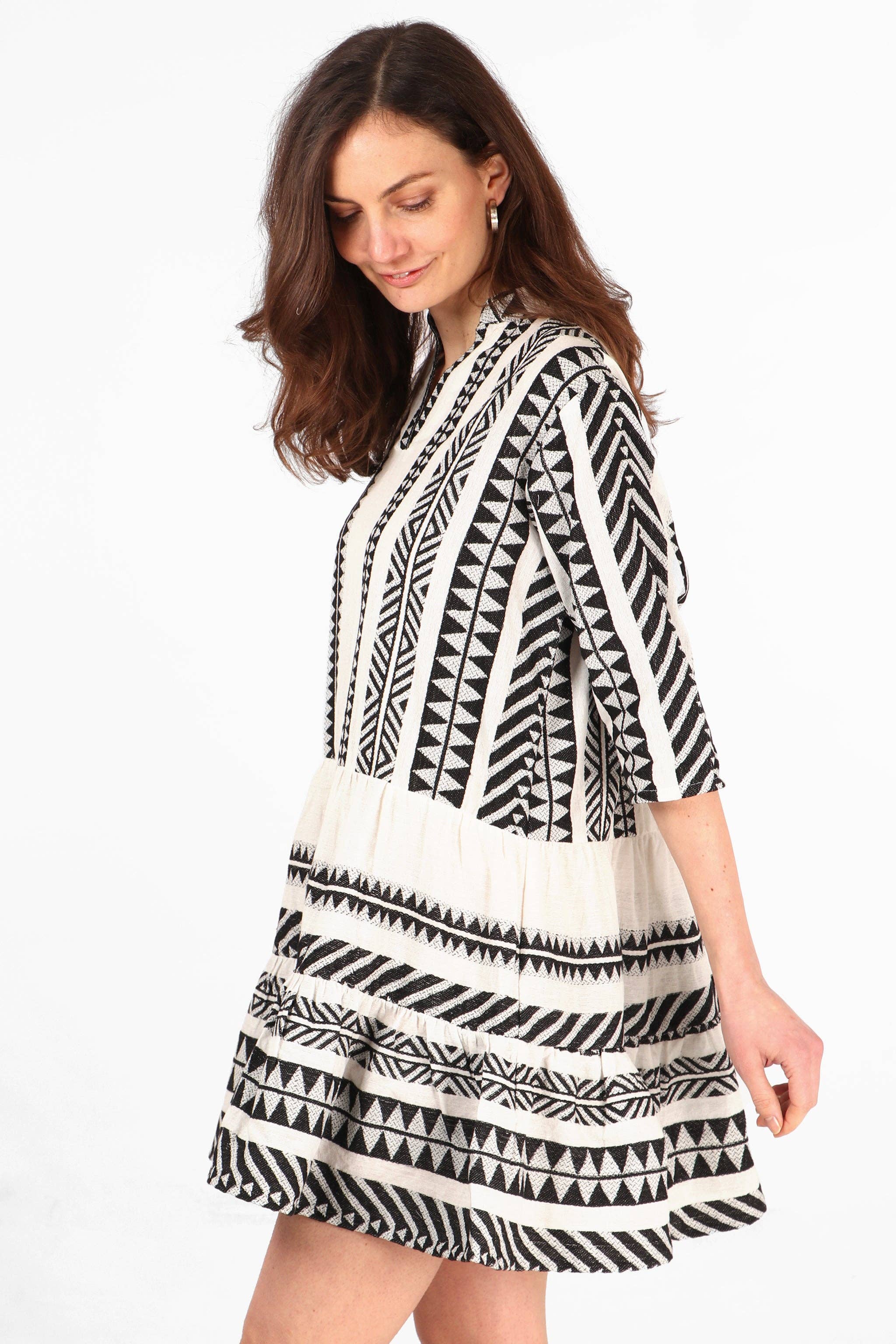 Sarta - Wholesale Dress - Women's - Striped Aztec Print Cotton Tiered Boho Mini Dress in Black2