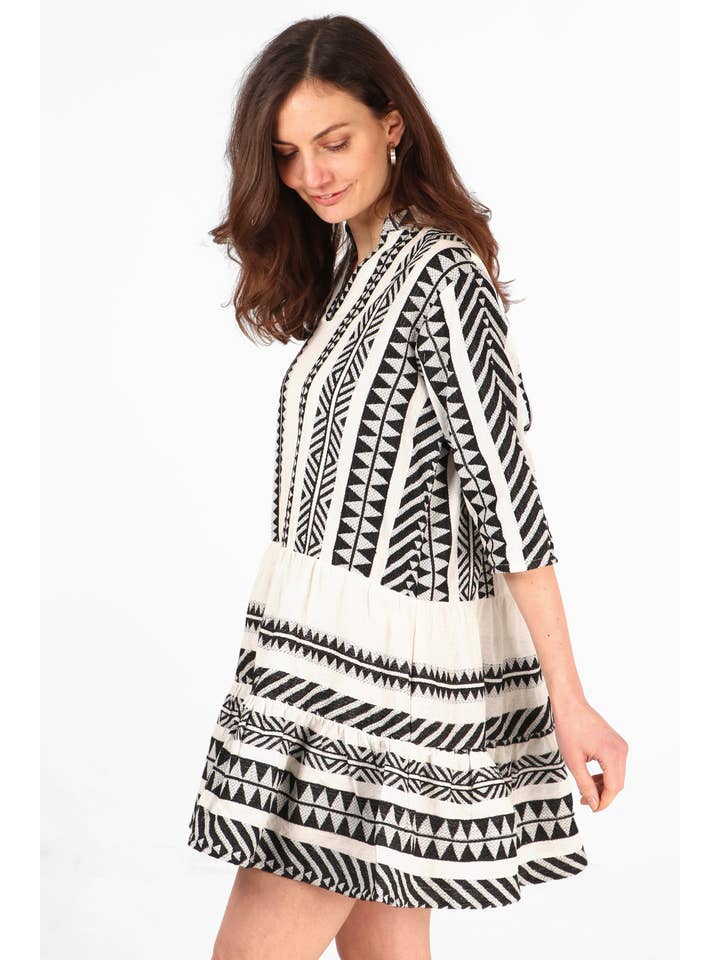 Sarta - Wholesale Dress - Women's - Striped Aztec Print Cotton Tiered Boho Mini Dress in Black2