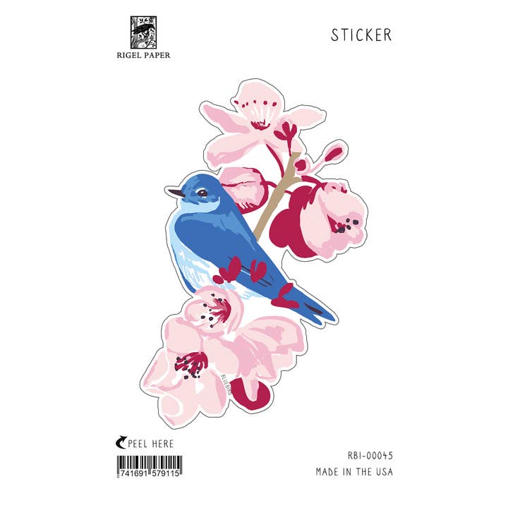 RBI-45 Bluebird and Cherry Blossom Bird and Flower Sticker for wholesale by Rigel Paper