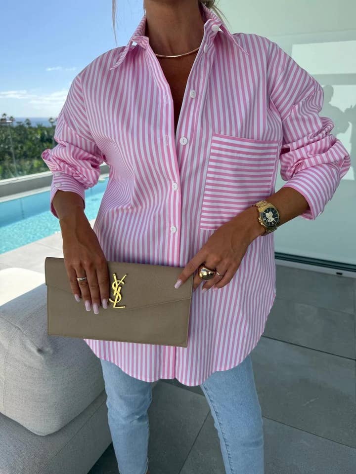 Rosa Clothing - Wholesale Shirt - Women's - Striped Long-Sleeve Oversized Shirt With Pocket