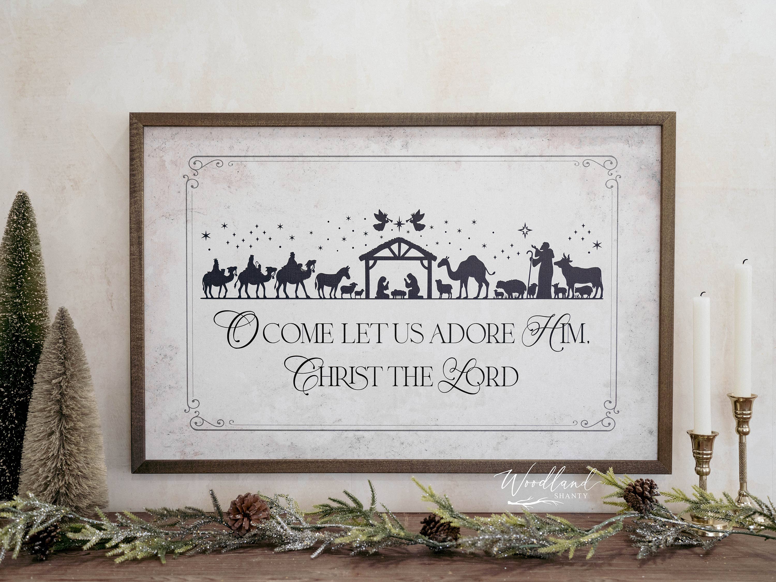 Woodland Shanty - Wholesale Christmas Wall Art - O Come Let Us Adore Him Framed Nativity Christmas Sign0