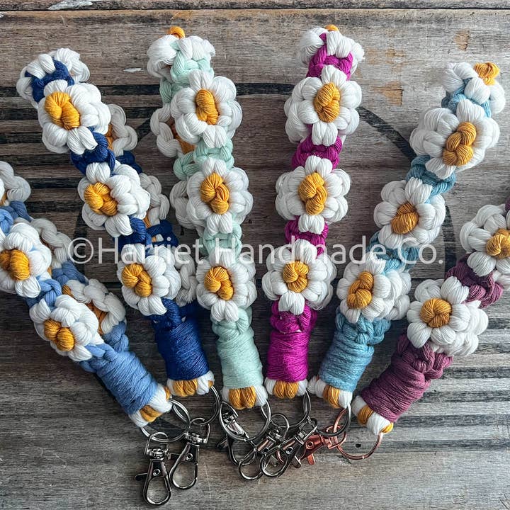 Floral Daisy Chain Macrame Wristlet Keychain, 50+ Colors for wholesale by Harriet Handmade Co.
