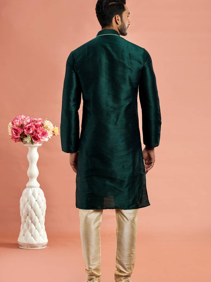 HATKE BRIDE - Wholesale Top & pant set (not loungewear) – Men's - Dark Green Banarasi Art Silk Plain Kurta Pajama for Men for Festival & Wedding - Embroidery Work2