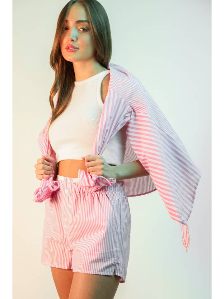 VERY J - Wholesale Lounge Set - Women's - NT12020SET-Striped Oversized Comfy Shirt Top & Shorts Set13