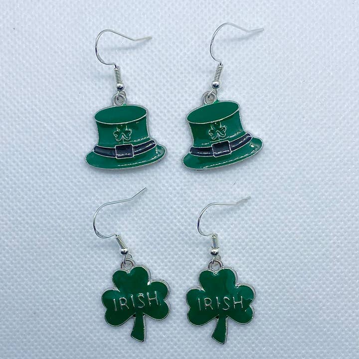St. Patrick’s Day Hat and Three-Leave Clover Earring Duo for wholesale by Trinkerbell Jewelry
