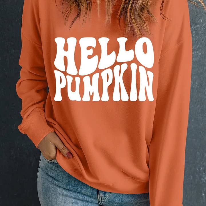 Felpa a maniche lunghe con scollo rotondo Hello Pumpkin per la vendita all'ingrosso da parte di SBJ Fashion Co