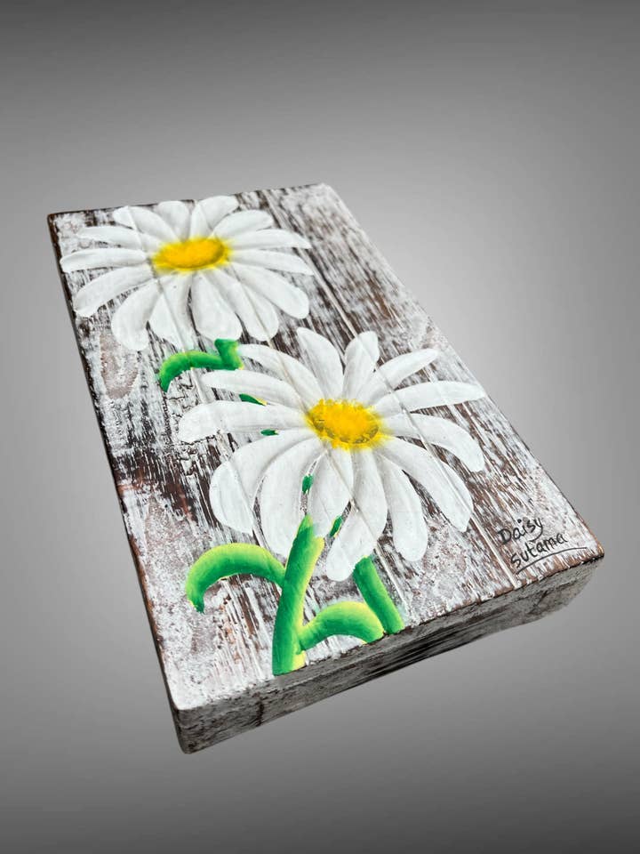 Hand painted plaque. Hanging.on wood - Daisy - small for wholesale by Batik Indah
