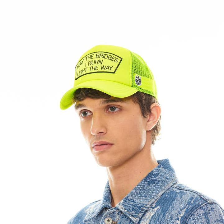 YELLOW "MAY THE BRIDGES I BURN" MESH BACK TRUCKER HAT for wholesale on Faire