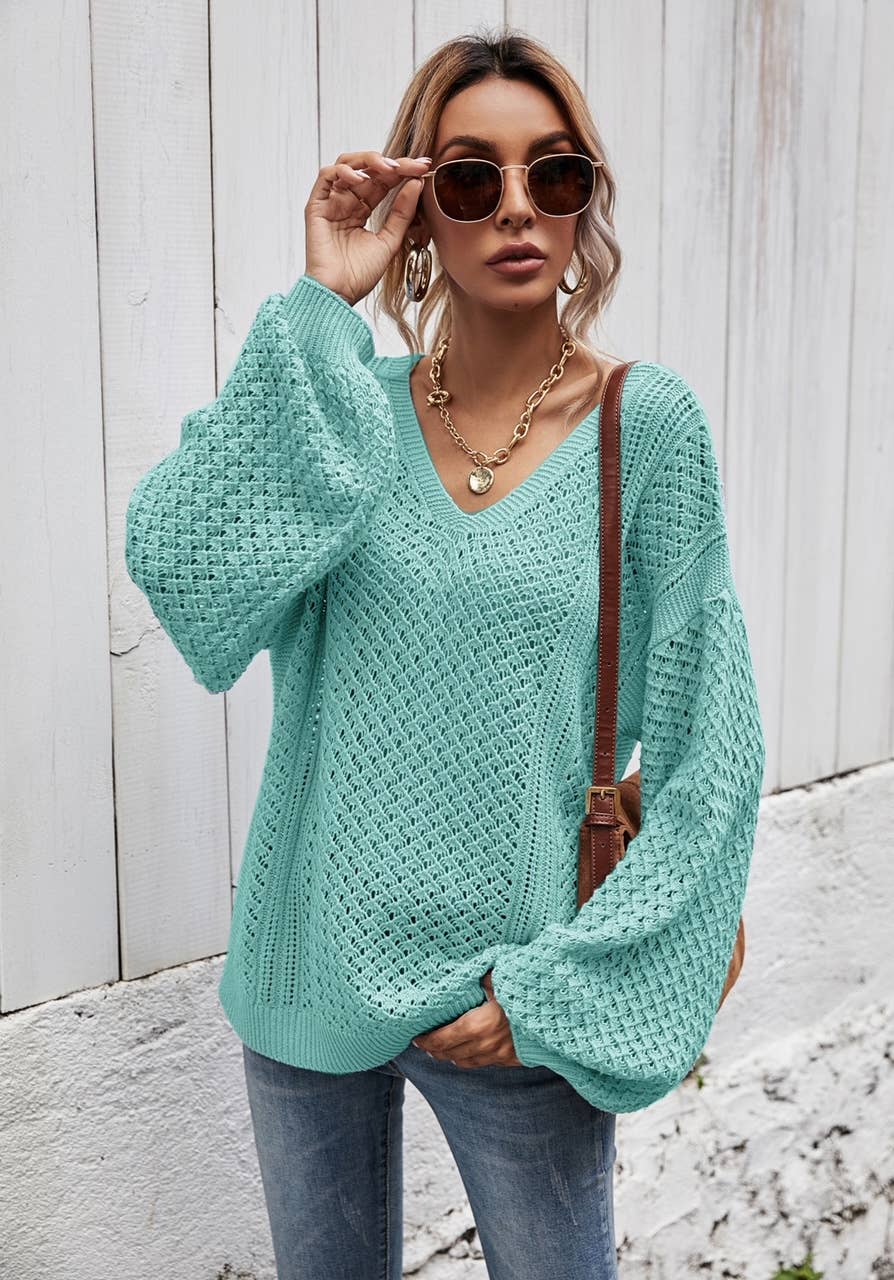 ePretty - Wholesale Knit Sweater - Women's - SZ53-SW6019 Open Knit Slouchy V-Neck Sweater6