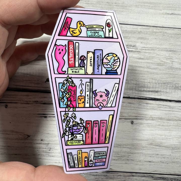 Pastel Witchy Coffin Shaped Bookshelf Glossy Vinyl Water Res for wholesale by familiar sadie