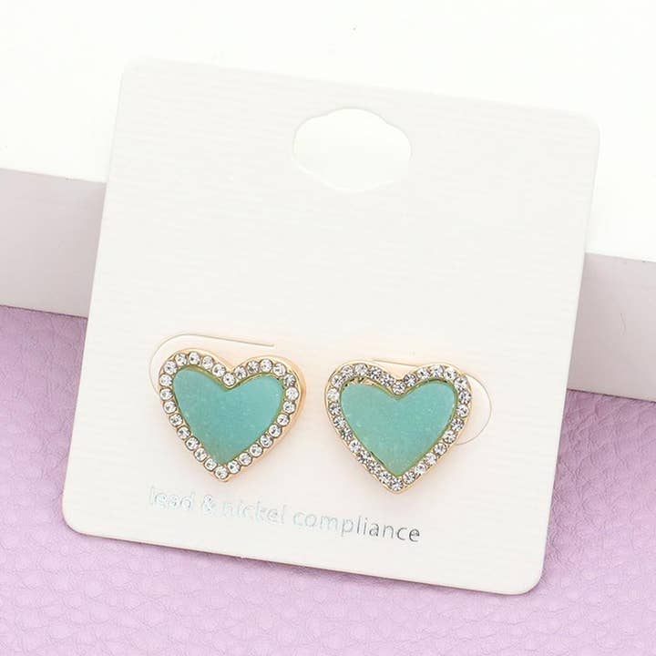 Brincos Rhinestone Trimmed Druzy Heart Stud por atacado de Madeline Love
