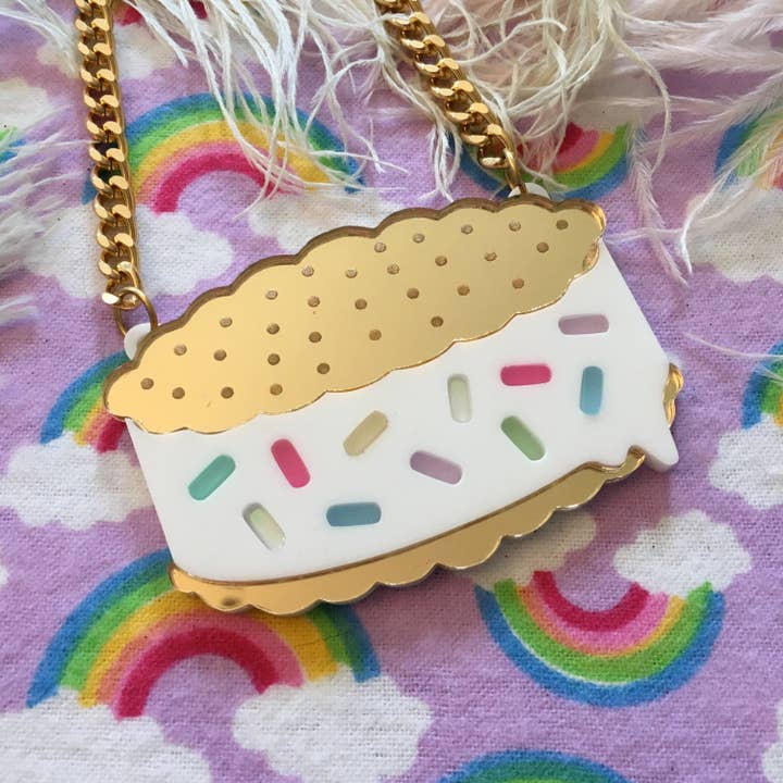 Rainbow Sprinkle Ice Cream Sandwich Necklace, Laser Cut Acrylic, Plastic Jewelry for wholesale by I'm Your Present