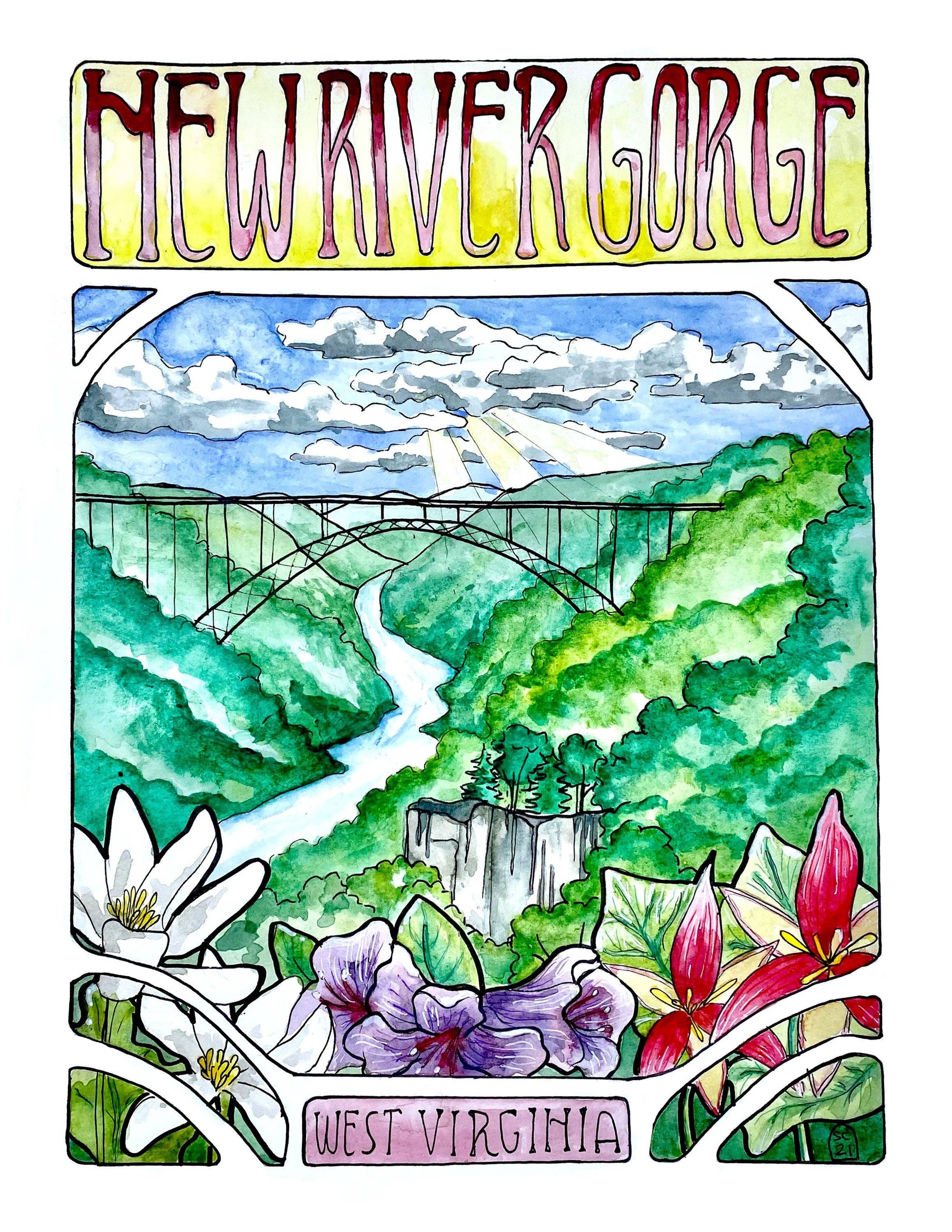 The Abstract By Sasha - Wholesale Art Print - New River Gorge National Park Watercolor Art Nouveau Print2