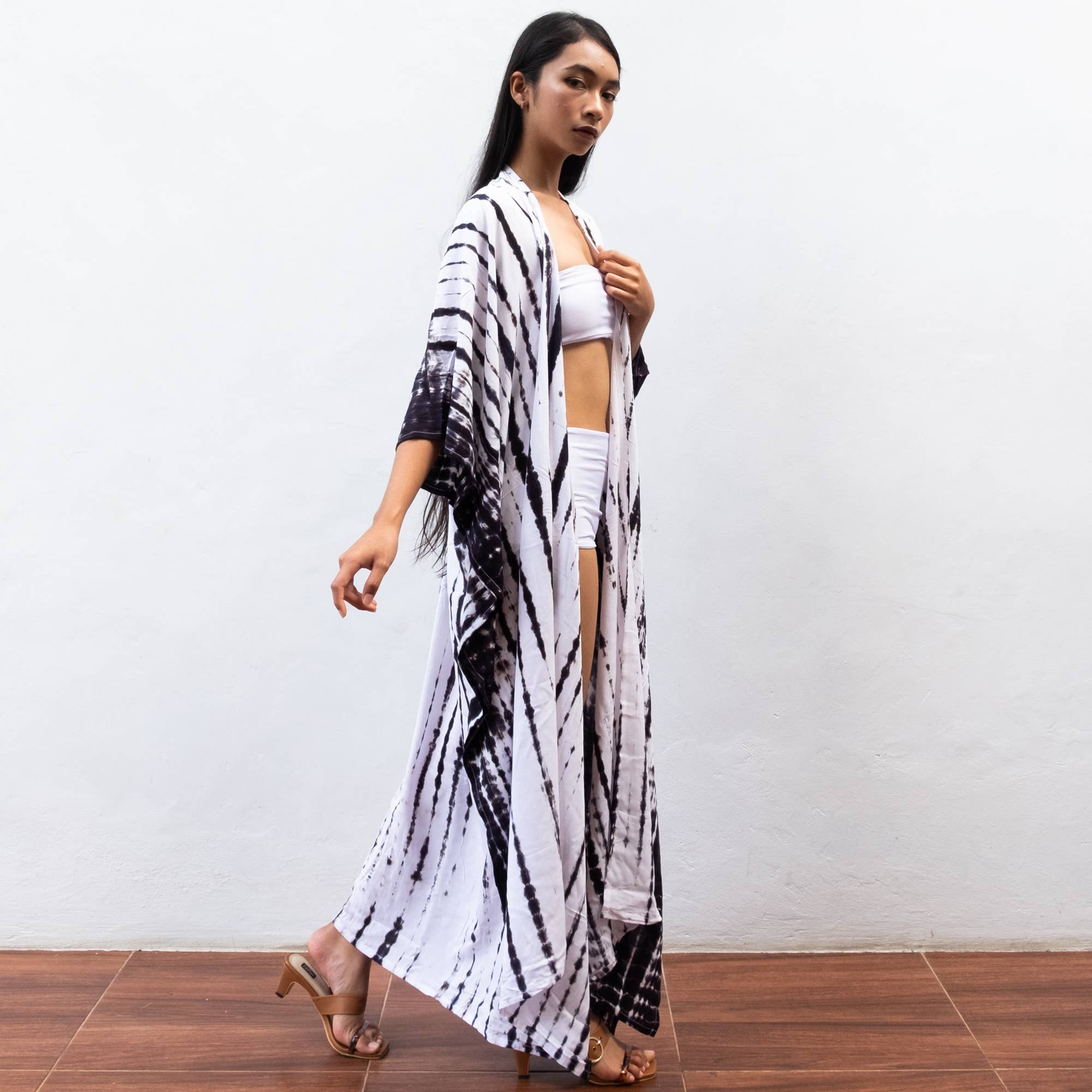 Bali Harvest - Wholesale Swim Cover Up - Women's - Tie Dye Kimono Cover Up (White Black) - Bikini Beach Robe2