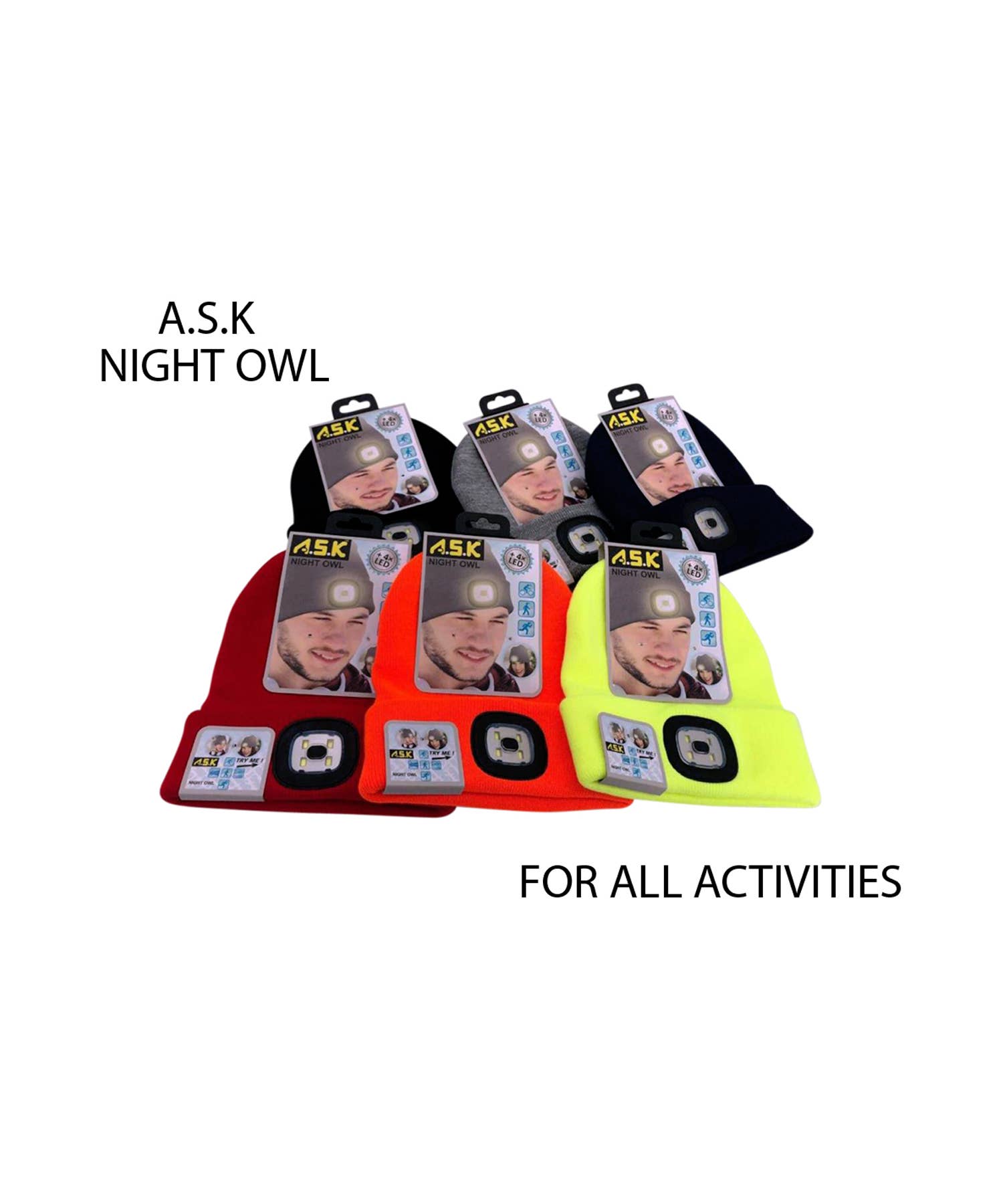 K & S WHOLESALE INC – Gorro - Unissexo por atacado – Gorro A.S.K com luz LED 96 CT Display de chão4