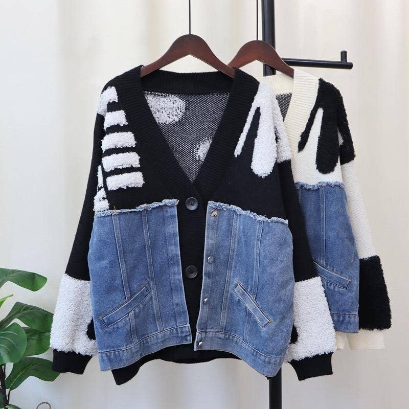 Productseeker - Wholesale Knit Top - Women's - JK104 Patchwork Denim Knitted Cardigan Sweater Jacket13