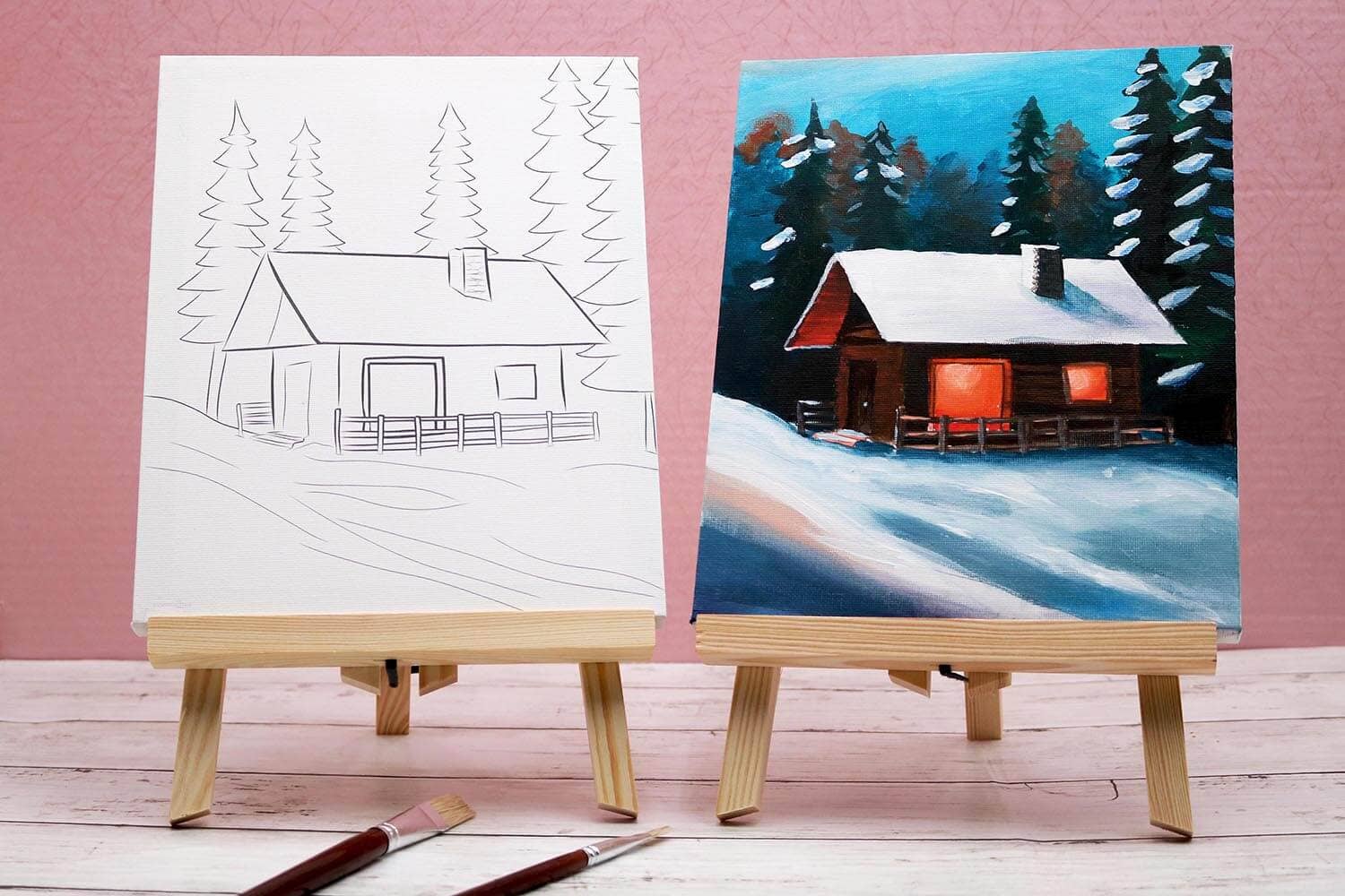 The Artist's Nest - Venta al por mayor Kit de manualidades - Anidado en la Nieve - Kit de Pintura Acrílica sobre Lienzo Pre-dibujado con Video de Seguimiento1