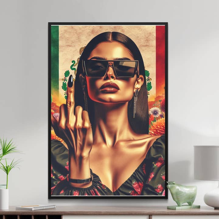 Badass Babe Poster de Arte Feminista Inspirado no México, Impressão em Tela Patriótica, Cores e Símbolos Mexicanos, Decoração Provocativa para Casa por atacado de FreakyTeeFactory