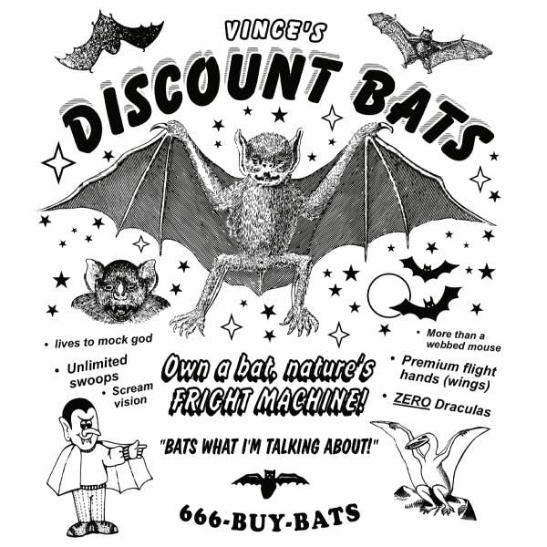Wicked Clothes – wholesale Screen printed t-shirt – unisex – 'Discount Bats' Shirt