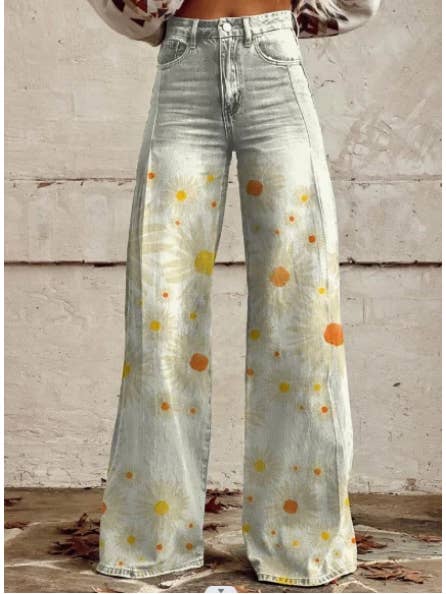Tourtiwi - Wholesale Jeans - Women's - Imitation Jeans Wide Leg Pants 3D Printed Women's Pants
