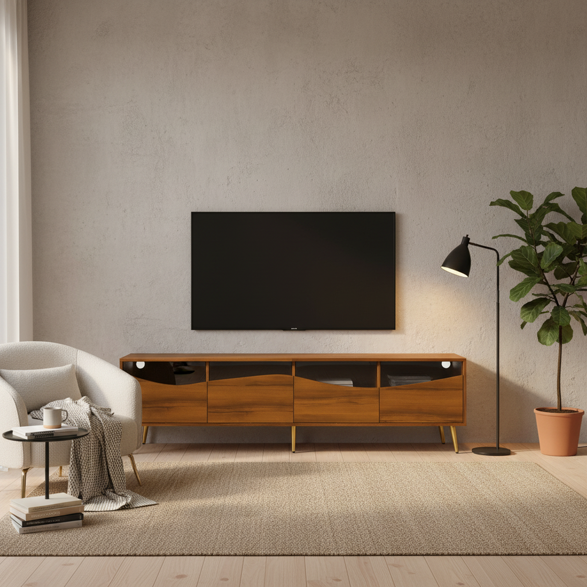 Urban Meuble - Wholesale Console Table - Retro walnut-effect TV stand with LED lighting and gold metal legs PROKARYOT5