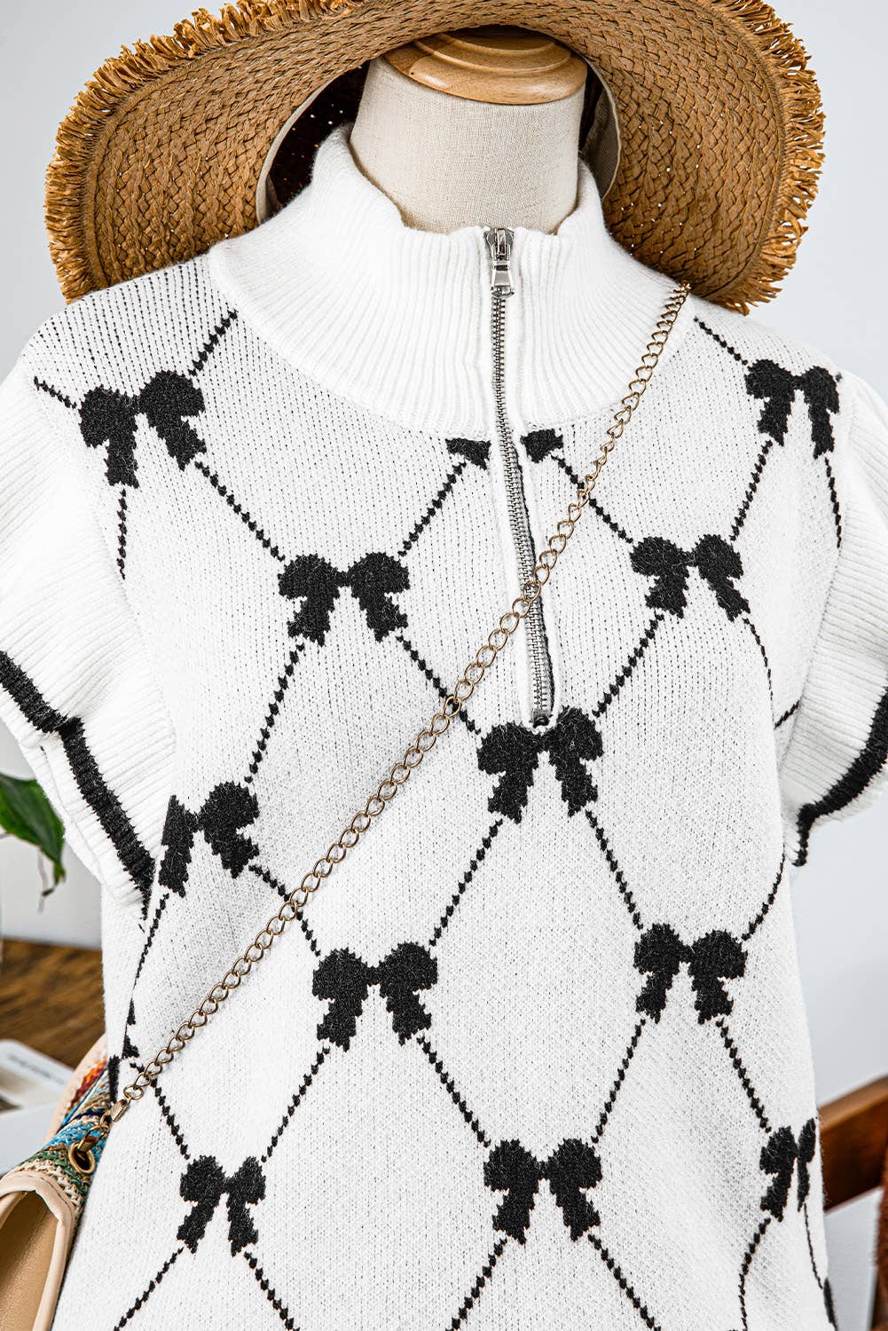 fashionworks - Vente Pull en maille – femme - Chandail à col zippé à imprimé nœud Fashion-W Preppy Vibes7