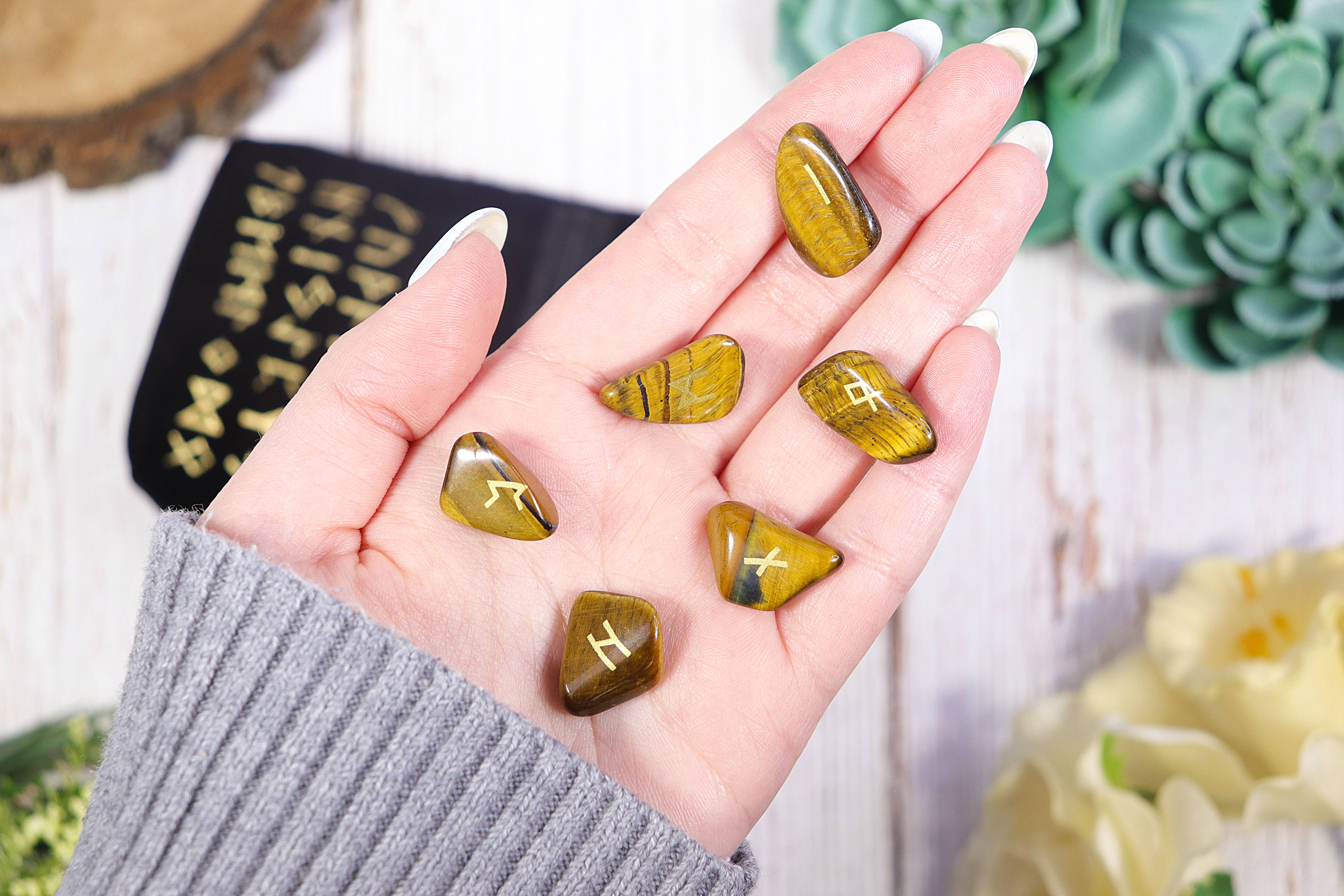 Natures Artifacts Inc - Wholesale Spiritual Stone/Crystal - Tiger's Eye Rune Stone Set in Velvet Bag with Info card4