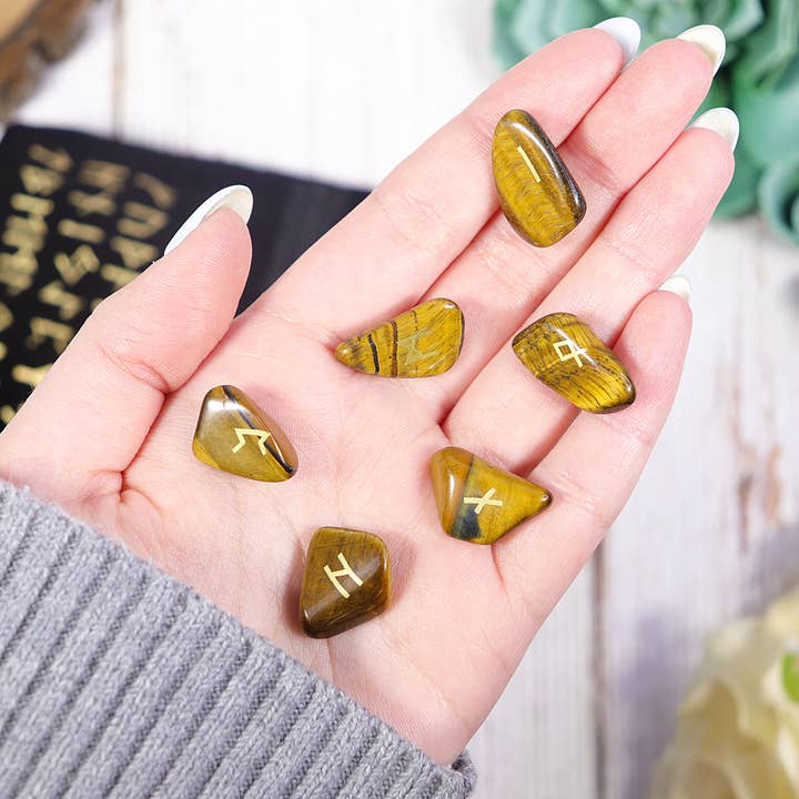 Natures Artifacts Inc - Wholesale Spiritual Stone/Crystal - Tiger's Eye Rune Stone Set in Velvet Bag with Info card4