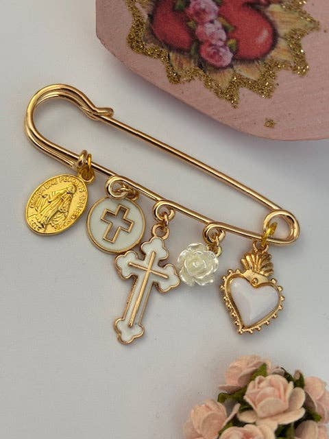 Miss DJ Angel - Wholesale Brooch - Ex-voto brooch, religious medal cross brooch, cross gift for mom, cross gift for woman, white sacred heart cross charm1