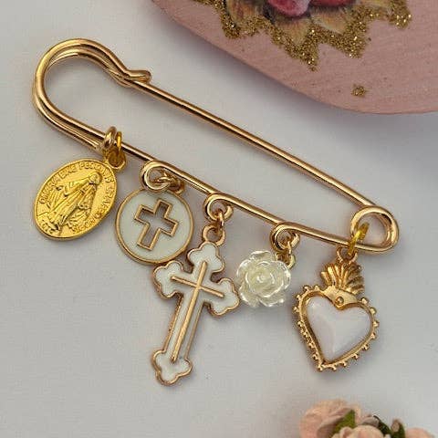 Miss DJ Angel - Wholesale Brooch - Ex-voto brooch, religious medal cross brooch, cross gift for mom, cross gift for woman, white sacred heart cross charm1