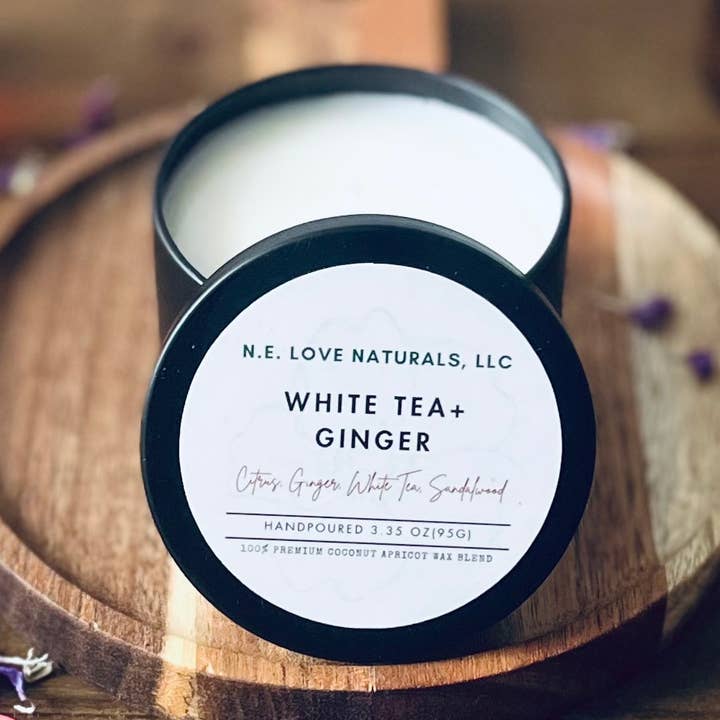 White Tea + Ginger| Coconut Apricot Soy Wax Candle in Travel Tin for wholesale by N. E. Love Naturals, LLC