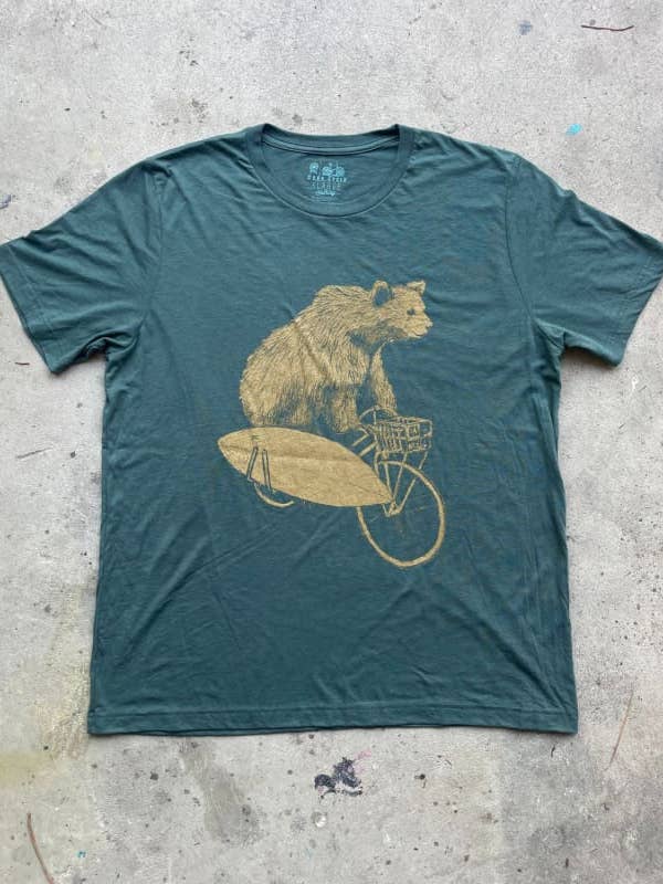Bear with Surfboard on a Bicycle Men's T-Shirt for wholesale by Dark Cycle Clothing