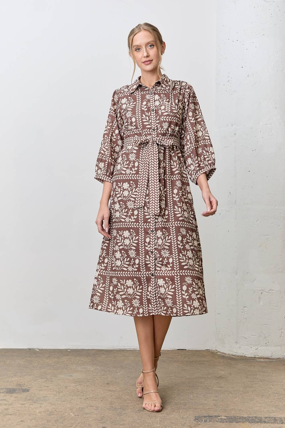 Polagram by Wellmade USA - Wholesale Dress - Women's - BORDER FLORAL PRINT SHIRT DRESS0