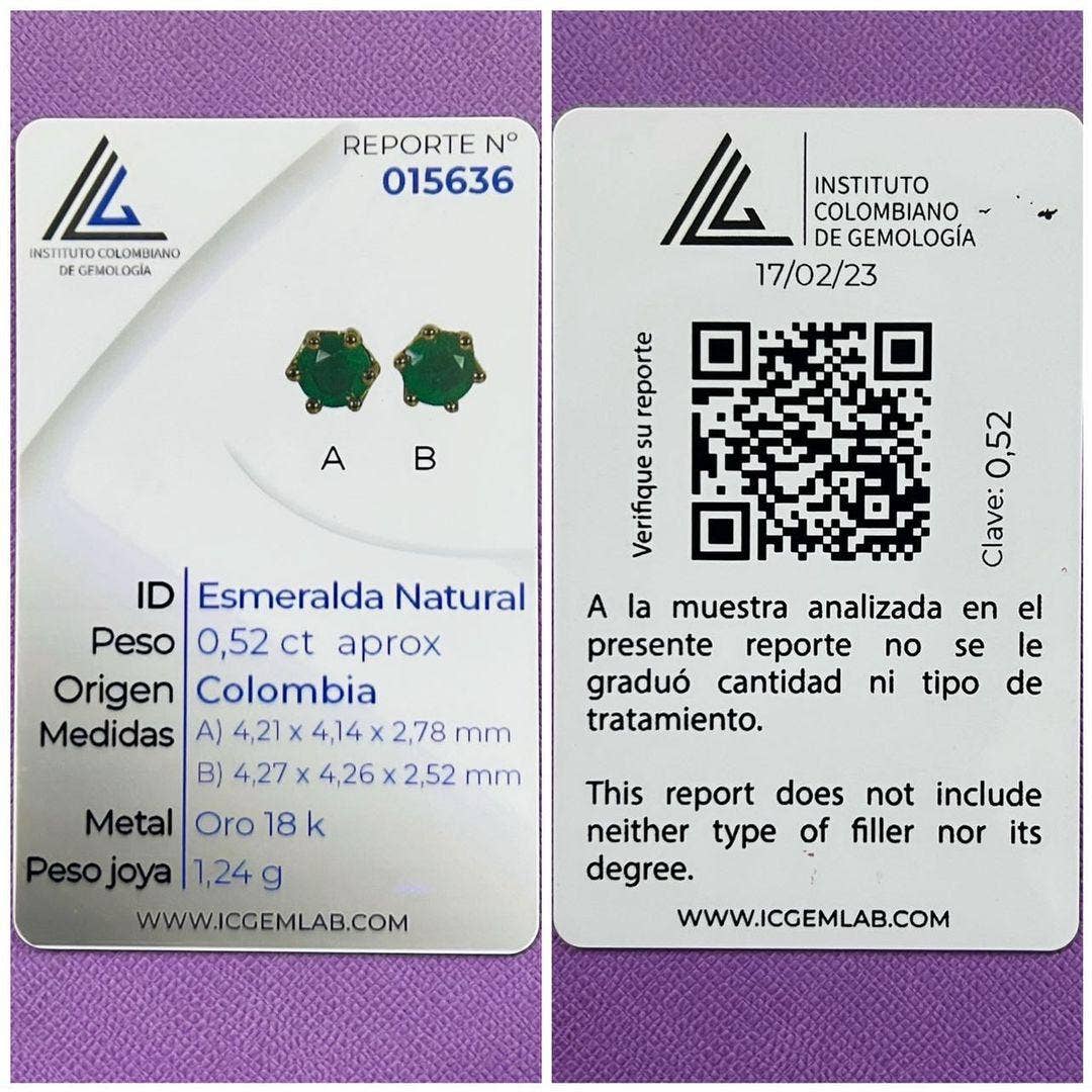 JDCOLFASHION LLC - Venta al por mayor Pendientes de botón/aretes de poste - ARETES de esmeraldas colombianas sin tratar extraídas de forma natural de 0.52 quilates en oro de 18 quilates ICG8