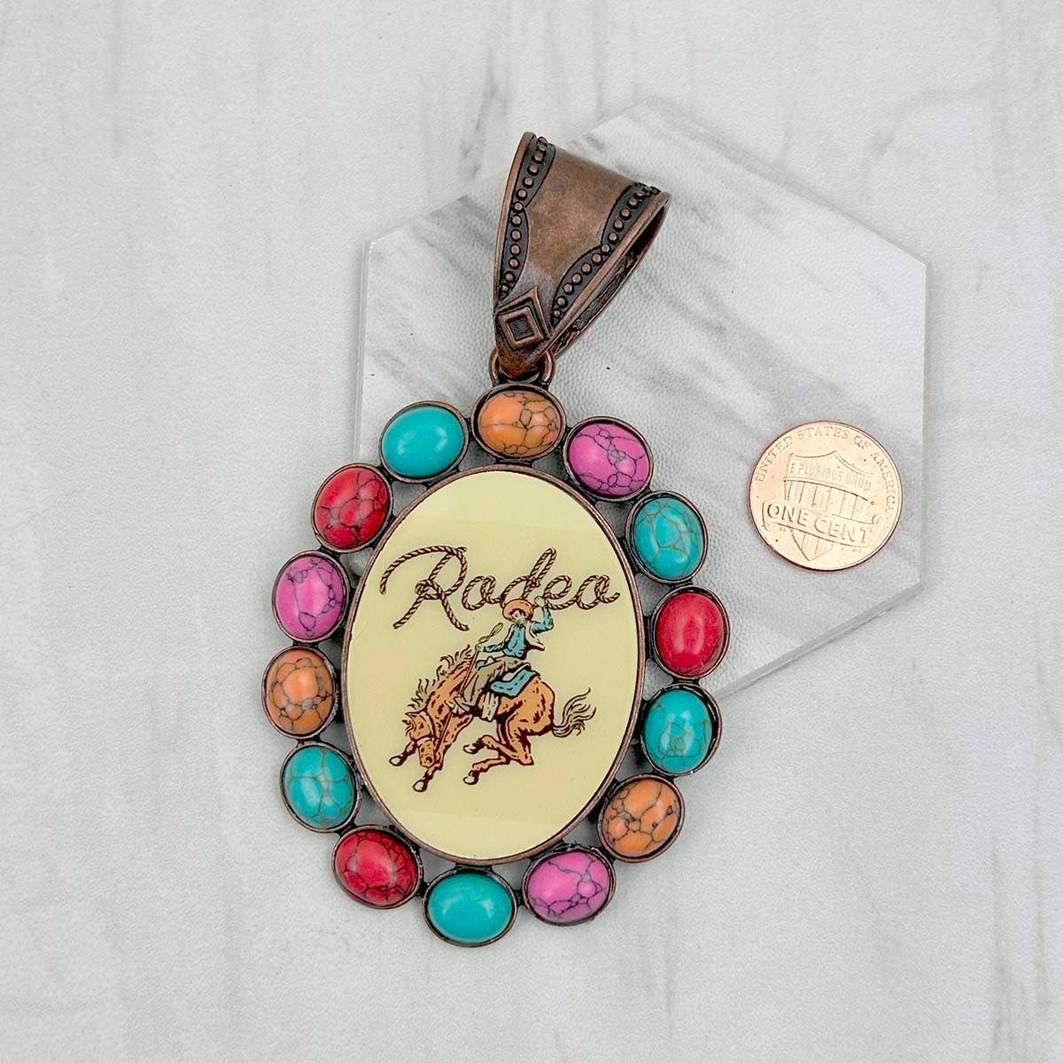 Western Elite Jewelry - Wholesale Individual Charm/Pendant - PD231210CP-13               Copper metal with blue turquoise stone oval cowboy Pendent1