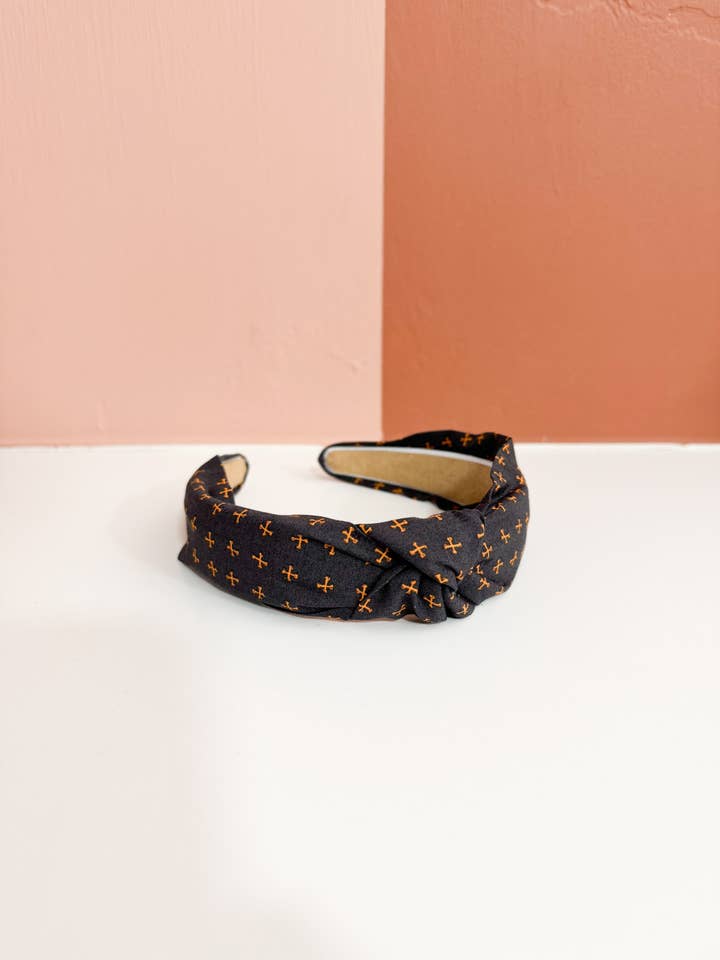 Black & Orange Cross Bone Halloween Top Knot Headband for wholesale by Little Sunshines Bow & Co
