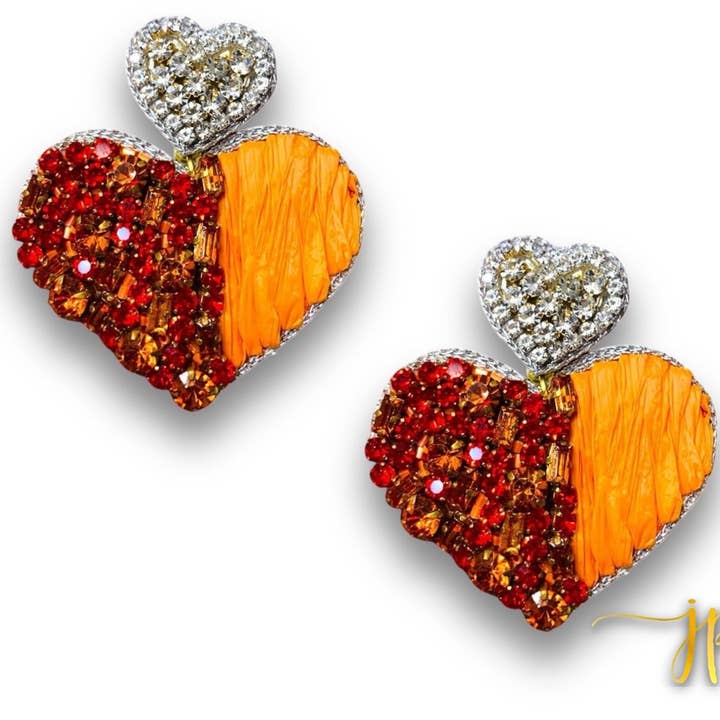 Beaded Game Day Heart Earrings in Orange Rhinestones and Raffia with Heart Topper - Game Day Jewelry, Team Colors for wholesale by Jenny Patrick Designs ™