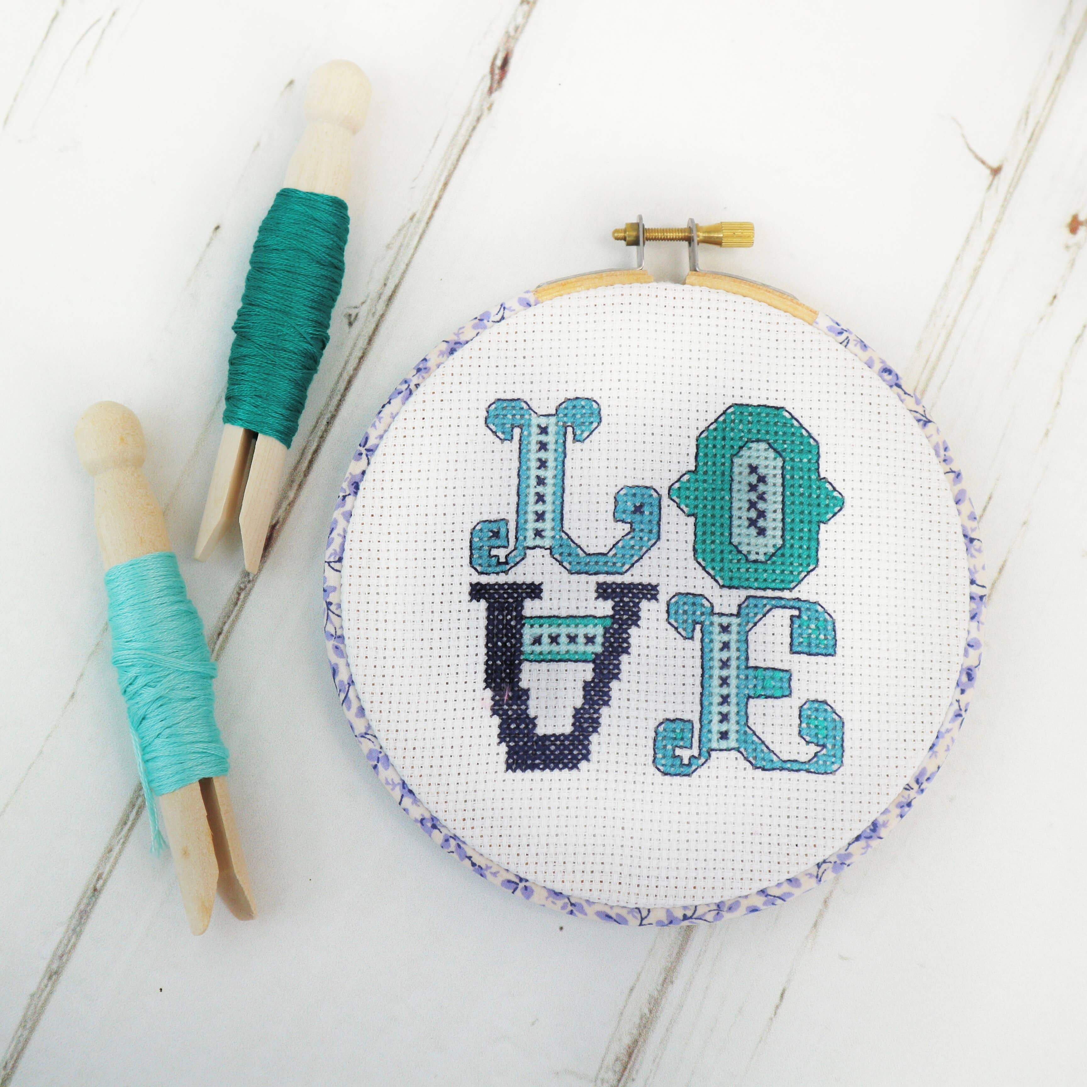 Stitchkits Crafts - Wholesale Embroidery/Cross Stitch Supplies - 'Love' Cross Stitch  Hoop Kit. Blue1
