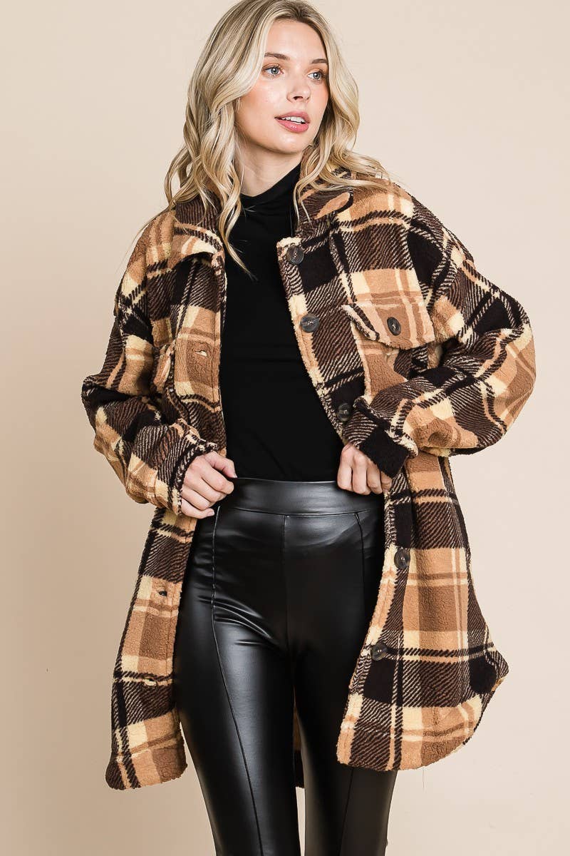 BNS - Wholesale Shirt Jacket/Shacket - Women's - Plaid Print Drop Shoulder Teddy Shacket w/Pockets2