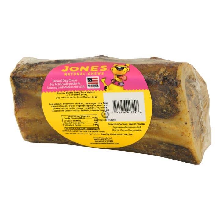Smokey Stuffed Meaty Bone Medium 1 Pack Shrink Wrap with Round Label for wholesale by Jones Natural Chews