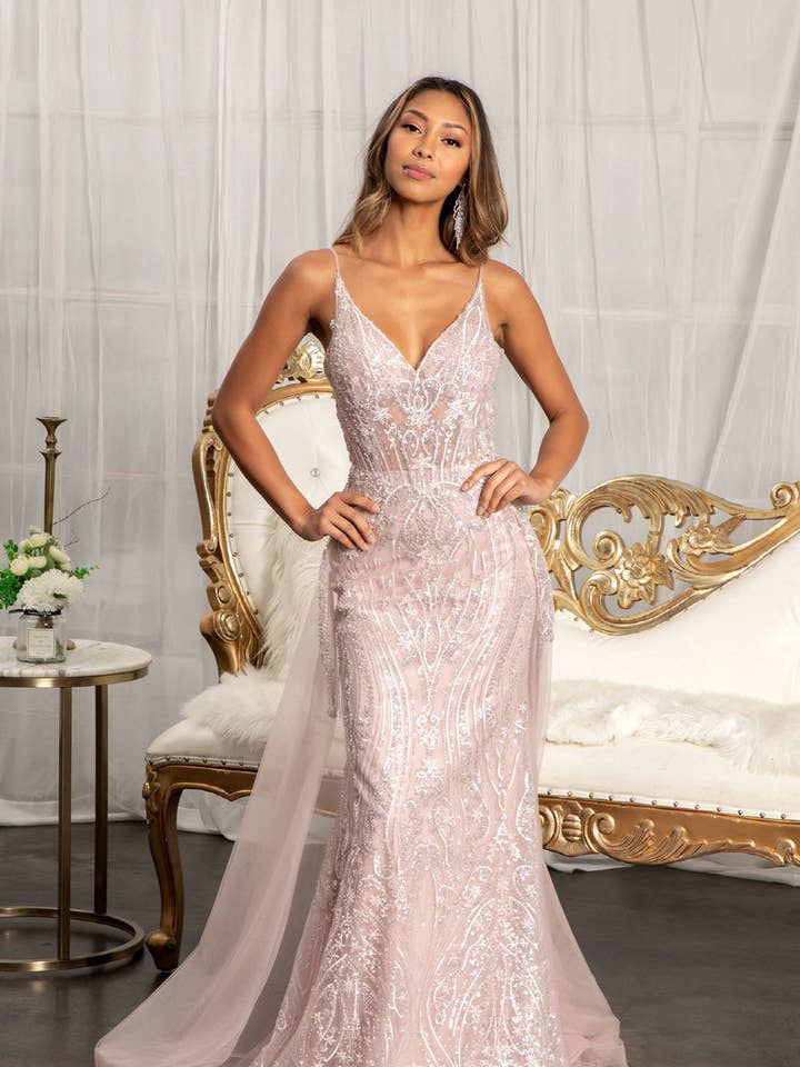 LAS3043 Long V-Neck Formal Dress w/ Overlay Skirt Train for wholesale by LA Merchandise