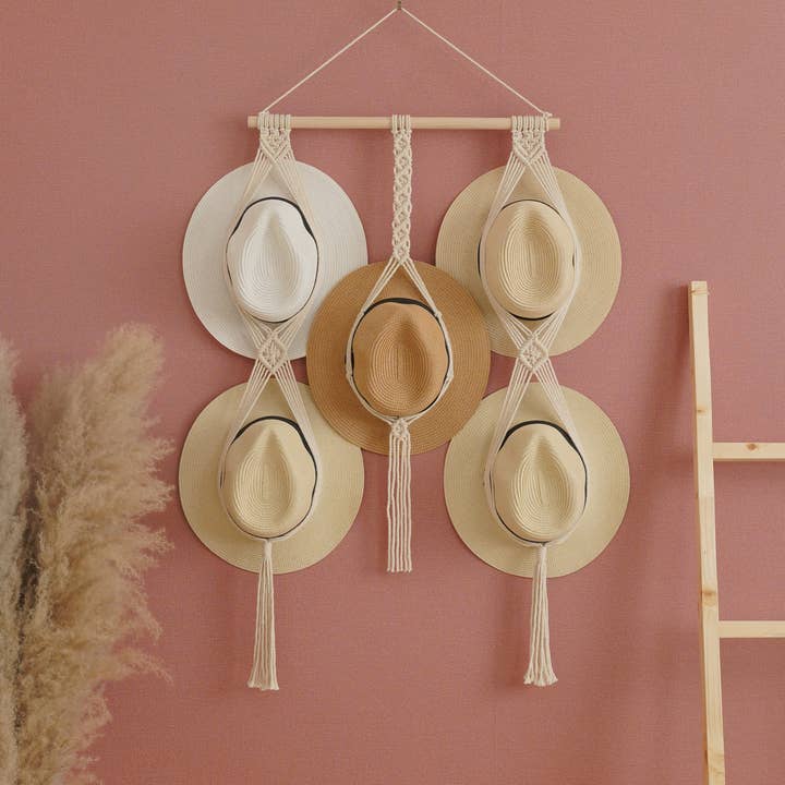 BeanDaikon - Wholesale Hat Rack - Macrame Hat Display, Farmhouse Decor Wall H125