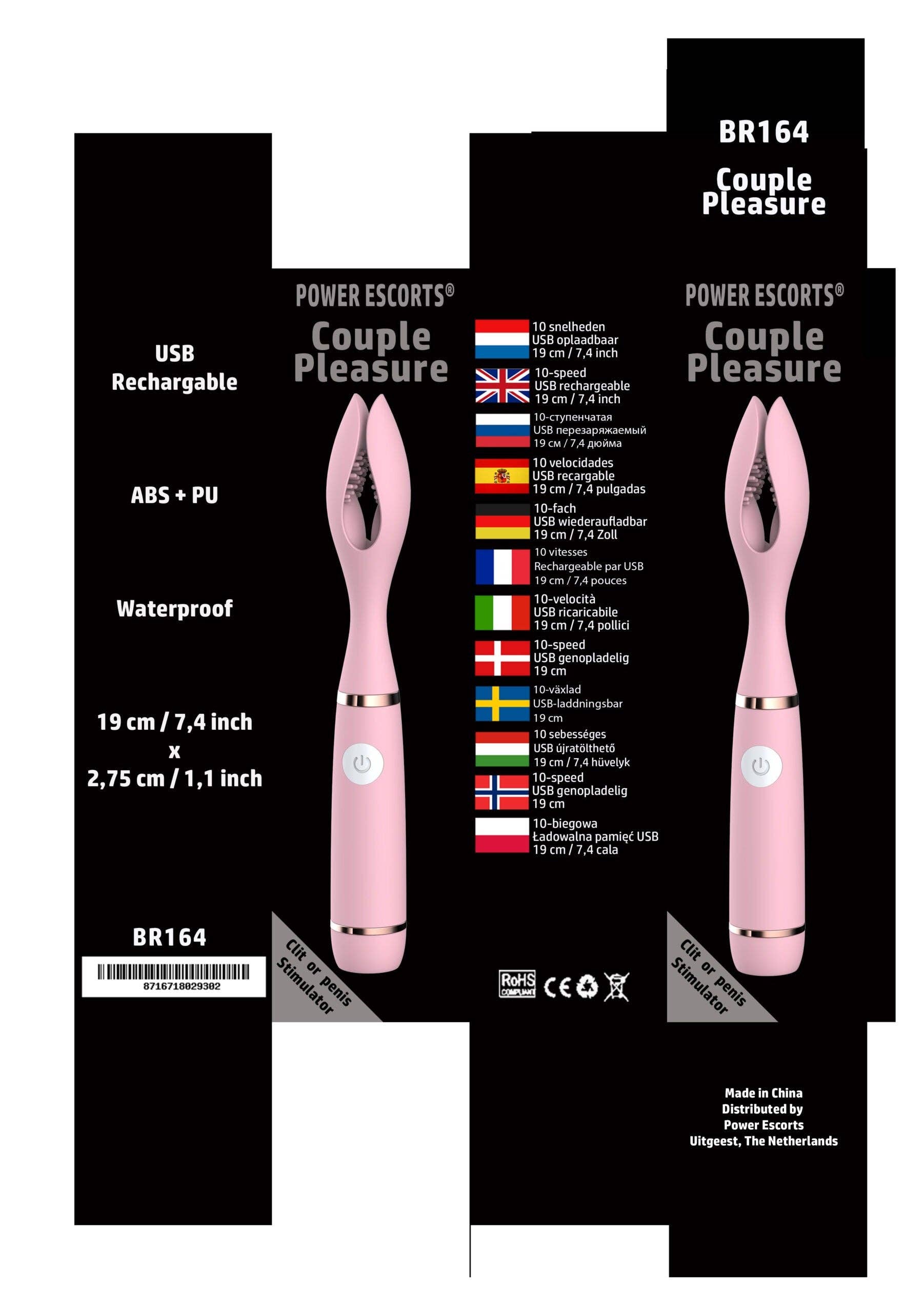Kinky Pleasure - Wholesale Sex Toy - Power Escorts - BR164 - Couple Pleasure - Couple Vibrator - Rechargeable - Silicone - 19 × 2.75 CM - Pink1