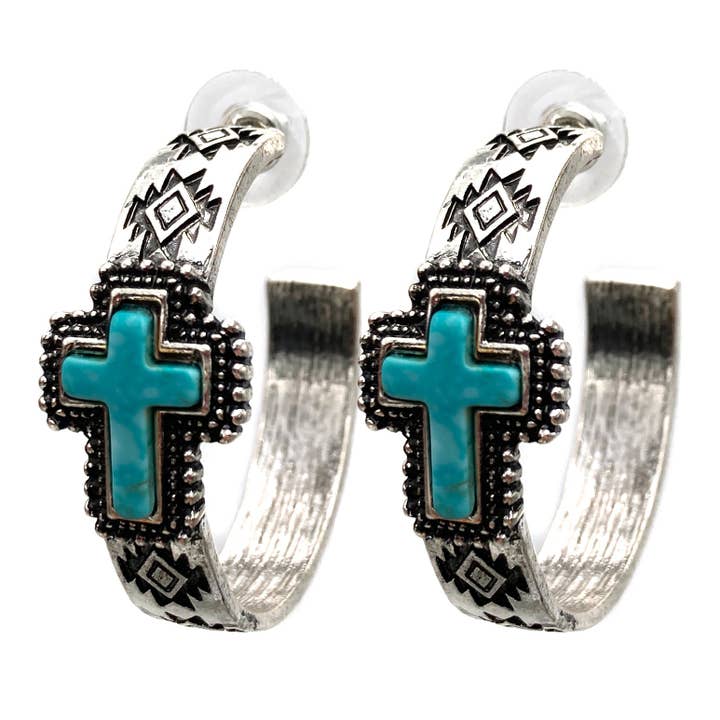 Lunar Deer - Wholesale Hoop Earrings - Turquoise Howlite Cross Navajo Pattern C Hoop Earrings