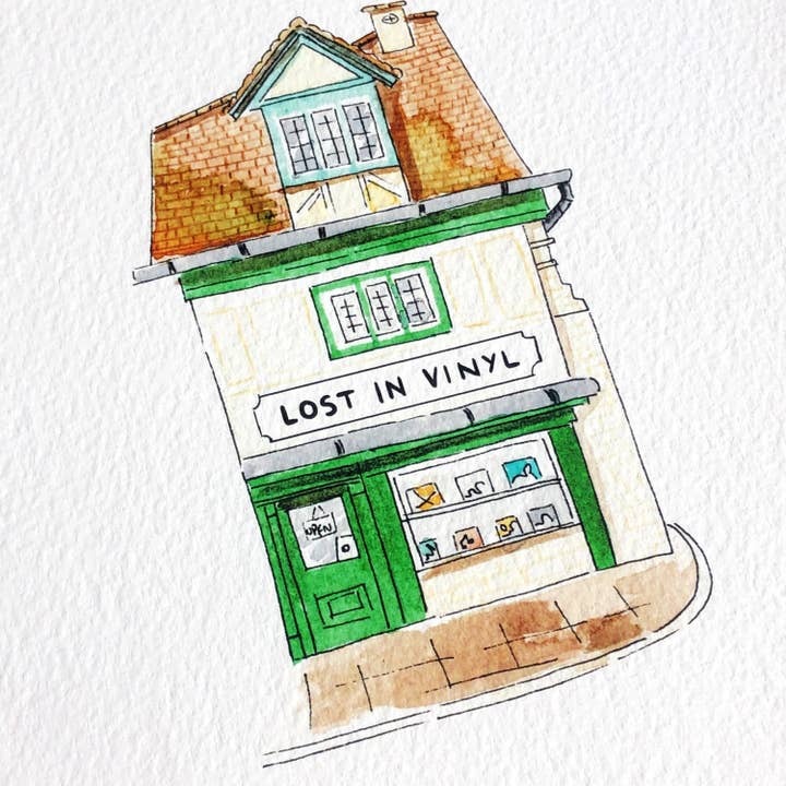Atelier Nunila - Wholesale Art Print - Watercolor: Record Store, Vinyls, United Kingdom (15x15 cm)2