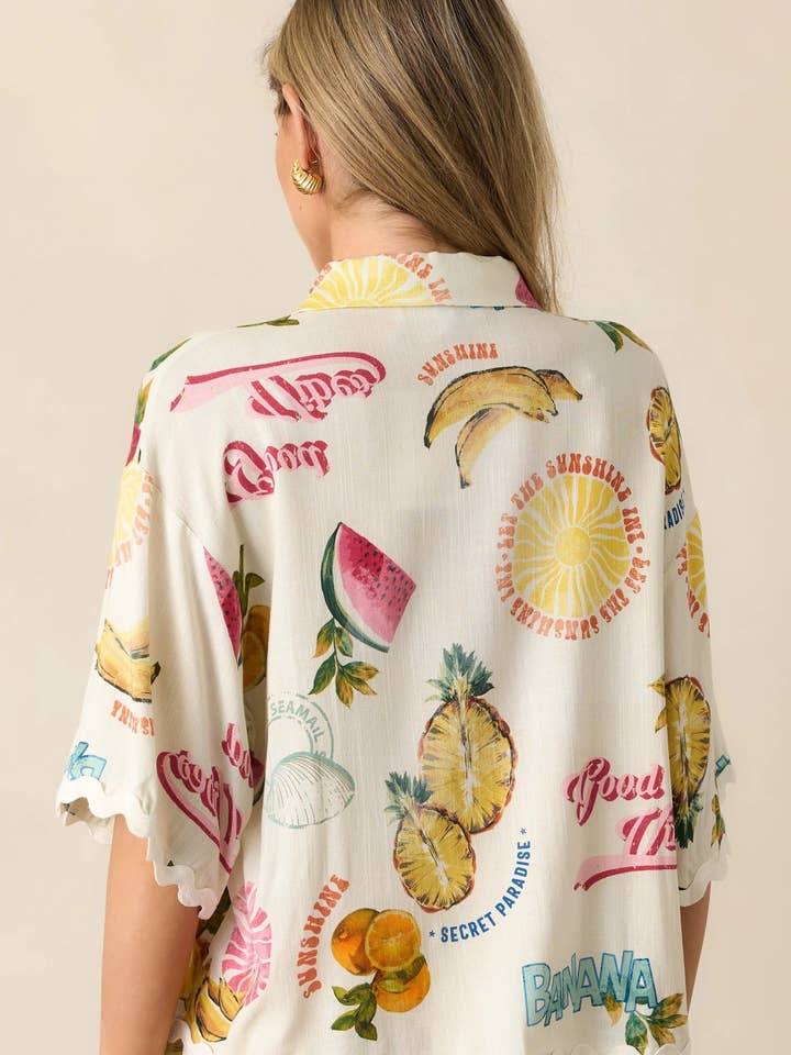 Multi Tropical Fruits Unique Print boxy Shirt & Shorts Resort Set for wholesale on Faire