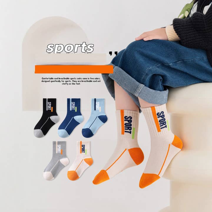 Llegada de Primavera y Otoño Calcetines Transpirables para Niños Bebés con Letras y Patrón de Rayas 1 Lote = Conjunto de 5 Pares para venta al por mayor de MyKids-USA®